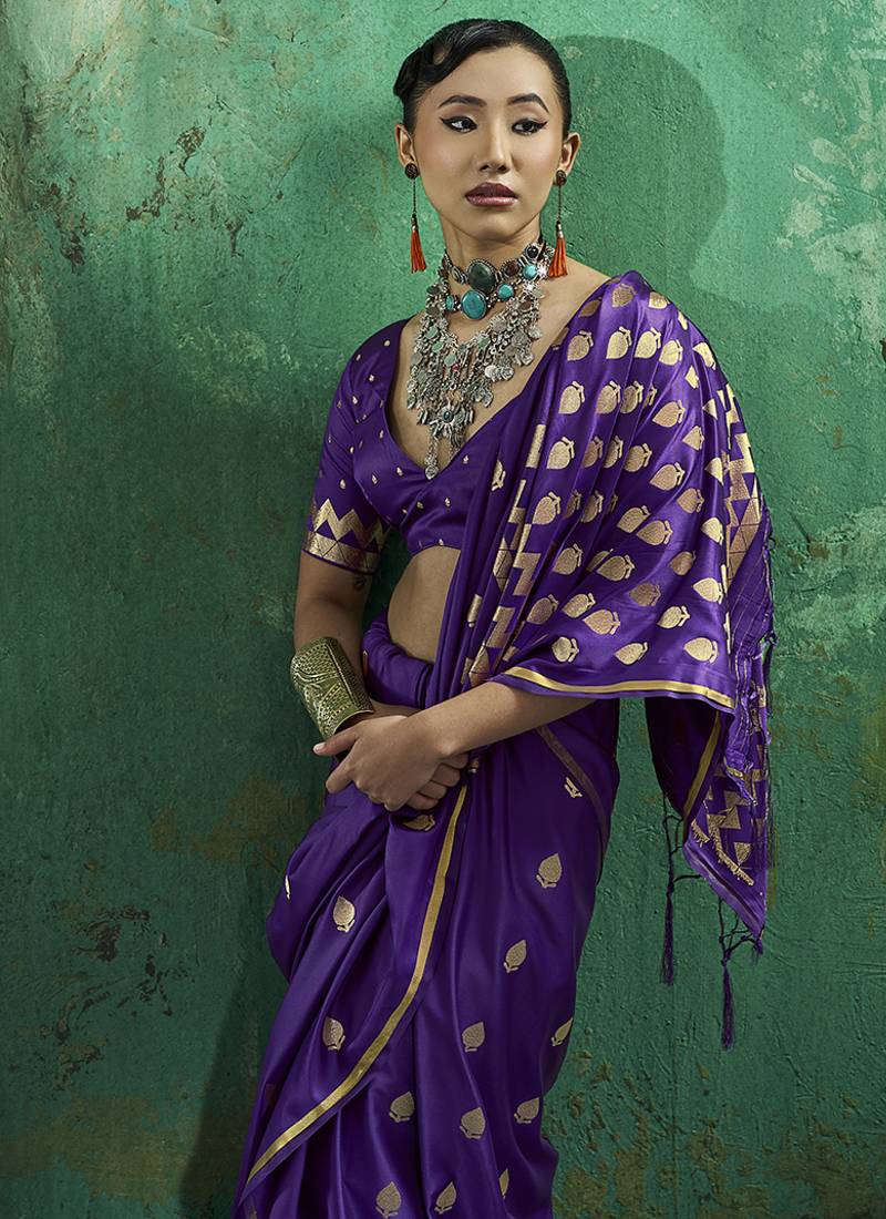 Violet satin silk blend saree with gold zari buti
