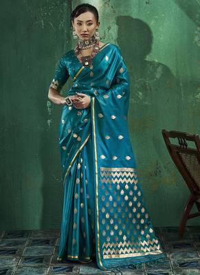 Teal blue satin silk blend saree with gold zari buti 1