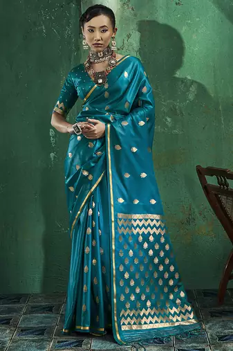 Teal blue satin silk blend saree with gold zari buti