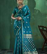 Teal blue satin silk blend saree with gold zari buti