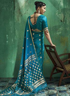 Teal blue satin silk blend saree with gold zari buti 2
