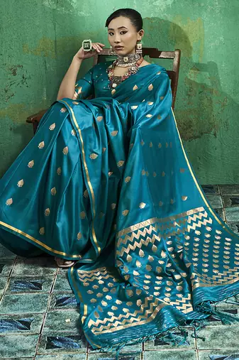 Teal blue satin silk blend saree with gold zari buti