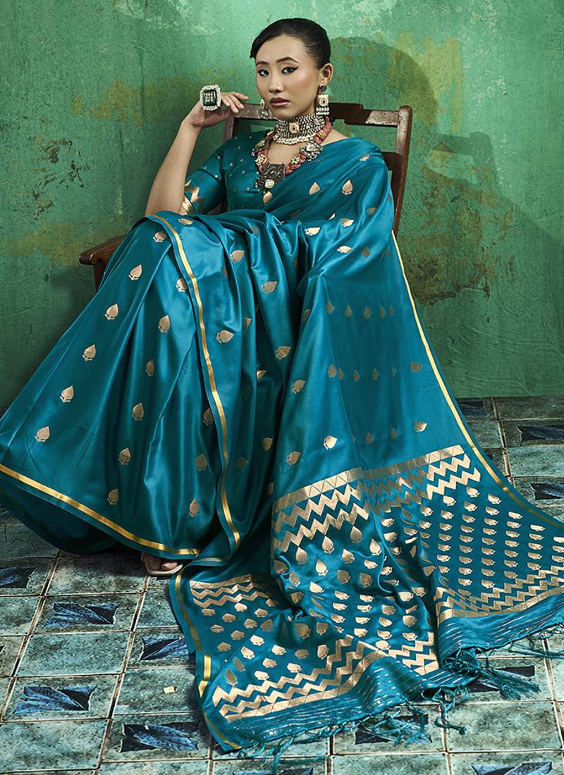 Teal blue satin silk blend saree with gold zari buti