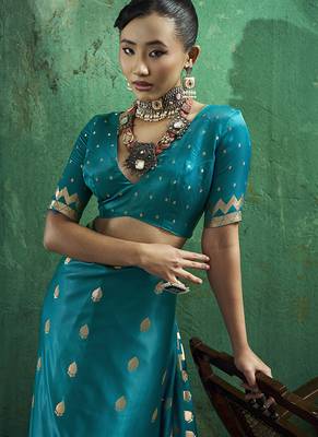 Teal blue satin silk blend saree with gold zari buti 4