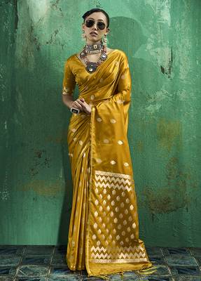 Mustard satin silk blend saree with gold zari buti 1