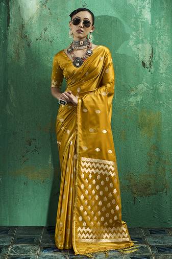 Mustard satin silk blend saree with gold zari buti