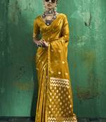 Mustard satin silk blend saree with gold zari buti
