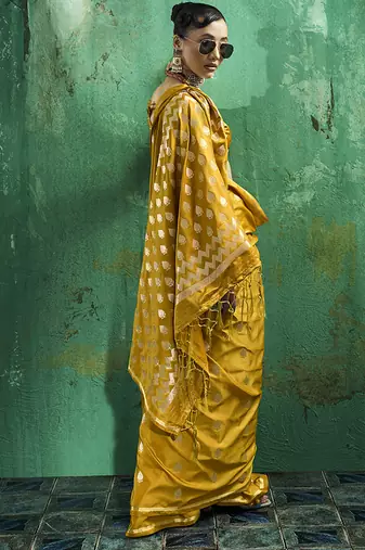 Mustard satin silk blend saree with gold zari buti