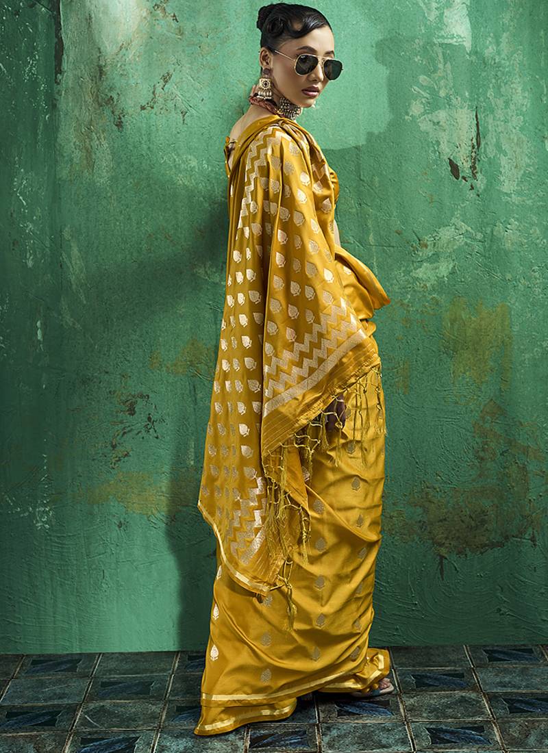 Mustard satin silk blend saree with gold zari buti