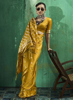Mustard satin silk blend saree with gold zari buti 3