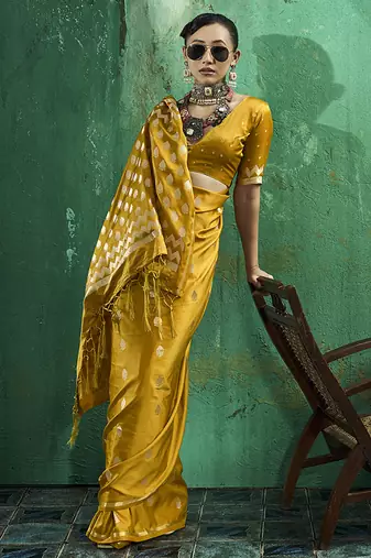 Mustard satin silk blend saree with gold zari buti