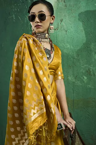 Mustard satin silk blend saree with gold zari buti