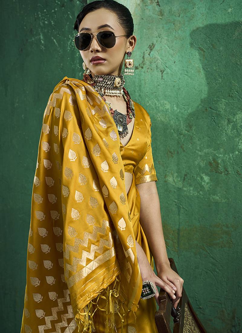 Mustard satin silk blend saree with gold zari buti