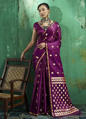 Dark wine satin silk blend saree with gold zari buti 1