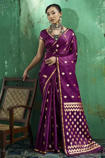 Dark wine satin silk blend saree with gold zari buti