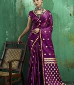 Dark wine satin silk blend saree with gold zari buti