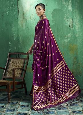 Dark wine satin silk blend saree with gold zari buti 2