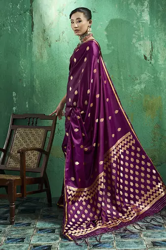 Dark wine satin silk blend saree with gold zari buti