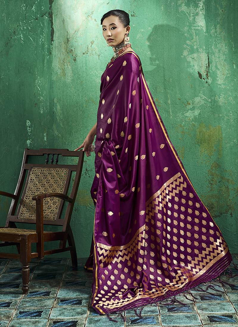 Dark wine satin silk blend saree with gold zari buti