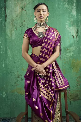 Dark wine satin silk blend saree with gold zari buti