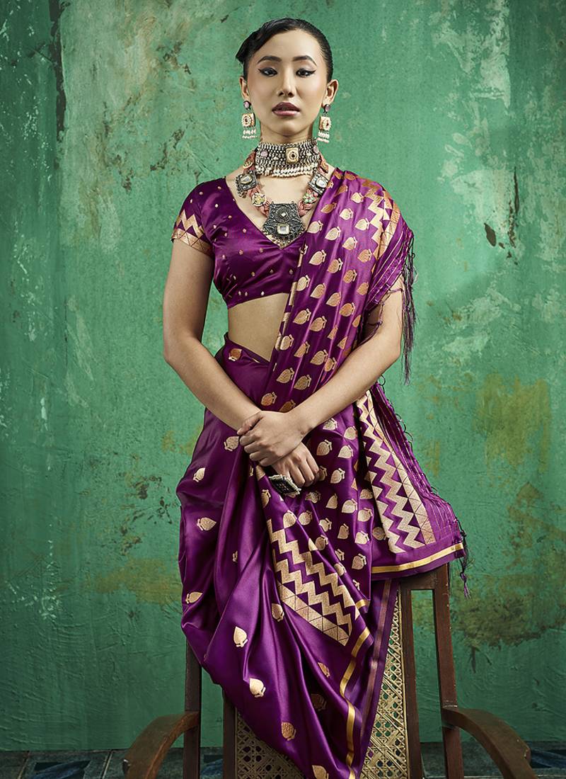 Dark wine satin silk blend saree with gold zari buti