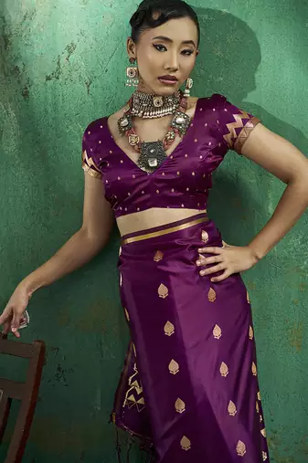 Dark wine satin silk blend saree with gold zari buti