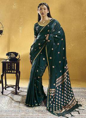 Datk teal green satin silk blend saree with gold zari buti 1
