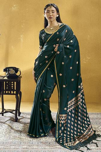 Datk teal green satin silk blend saree with gold zari buti