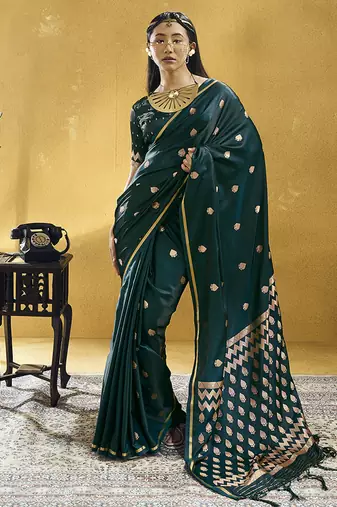Datk teal green satin silk blend saree with gold zari buti