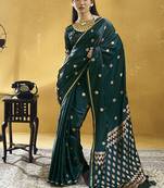 Datk teal green satin silk blend saree with gold zari buti