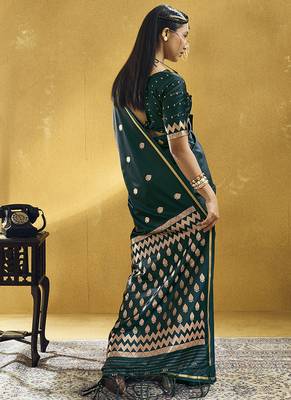 Datk teal green satin silk blend saree with gold zari buti 2