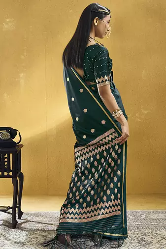 Datk teal green satin silk blend saree with gold zari buti