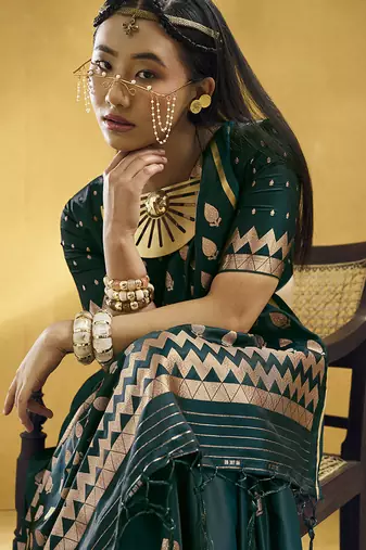 Datk teal green satin silk blend saree with gold zari buti