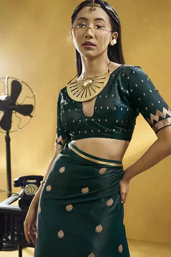 Datk teal green satin silk blend saree with gold zari buti