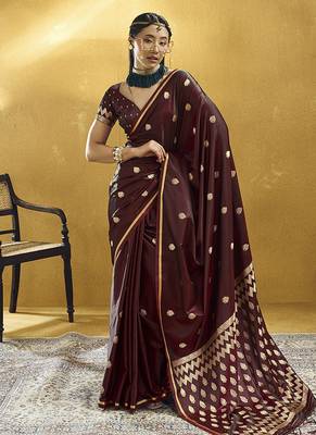 Maroon satin silk blend saree with gold zari buti 1