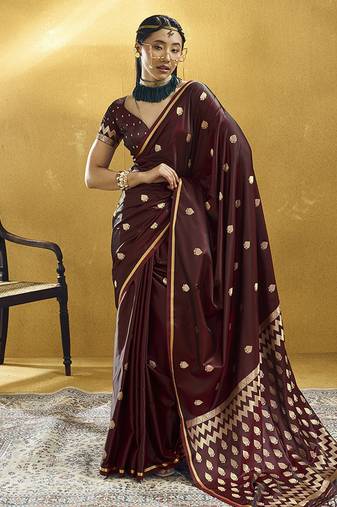 Maroon satin silk blend saree with gold zari buti