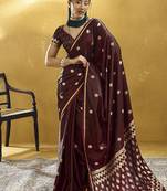 Maroon satin silk blend saree with gold zari buti