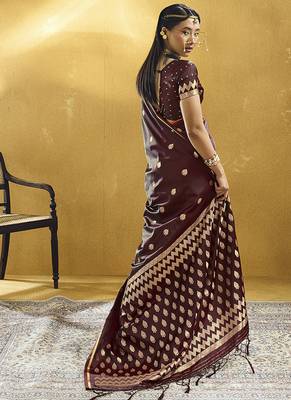 Maroon satin silk blend saree with gold zari buti 2