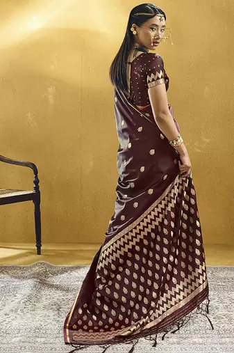 Maroon satin silk blend saree with gold zari buti