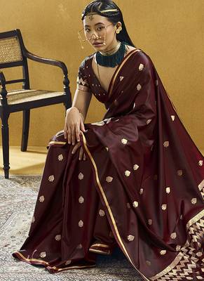 Maroon satin silk blend saree with gold zari buti 3