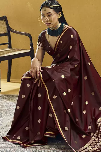 Maroon satin silk blend saree with gold zari buti