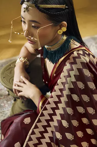 Maroon satin silk blend saree with gold zari buti