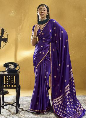 Dark violet satin silk blend saree with gold zari buti 1