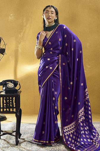 Dark violet satin silk blend saree with gold zari buti