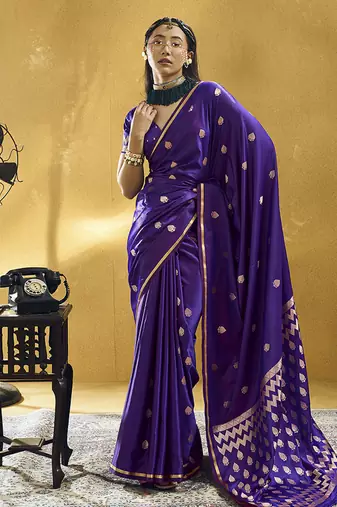 Dark violet satin silk blend saree with gold zari buti