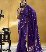 Dark violet satin silk blend saree with gold zari buti