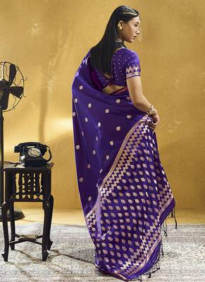 Dark violet satin silk blend saree with gold zari buti 2