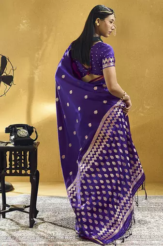 Dark violet satin silk blend saree with gold zari buti