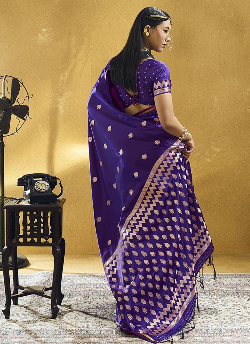 Dark violet satin silk blend saree with gold zari buti