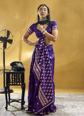 Dark violet satin silk blend saree with gold zari buti 3